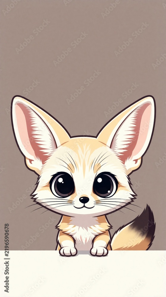 Fototapeta premium Cute cartoon fennec fox with big eyes and large ears peeks over a white surface. This adorable desert animal illustration is perfect for kids content or animal blogs.