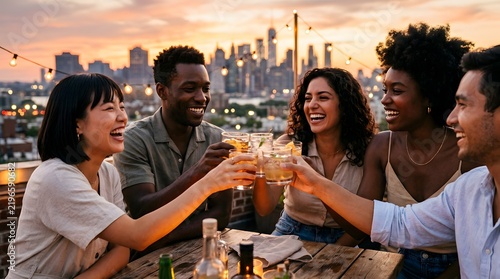 Diverse group of friends toasting with drinks on urban rooftop at sunset