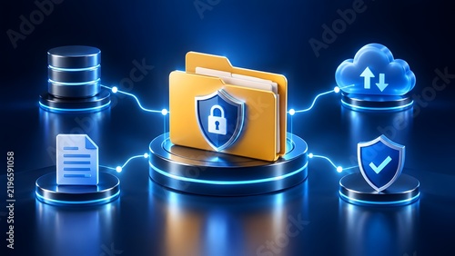 Obraz na płótnie Secure cloud computing and data storage concept with a central protected folder connected to server database digital document and upload cloud icons on futuristic platforms