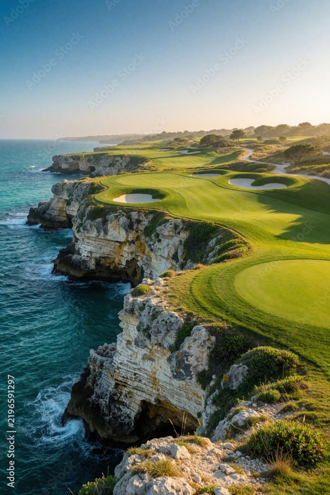 Obraz premium Rich green golf course on rugged sea cliffs under clear blue sky. Ocean waves crash on rocks below while manicured fairways and sand traps await golfers.