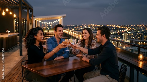 Friends toasting with cocktails on a rooftop bar at night