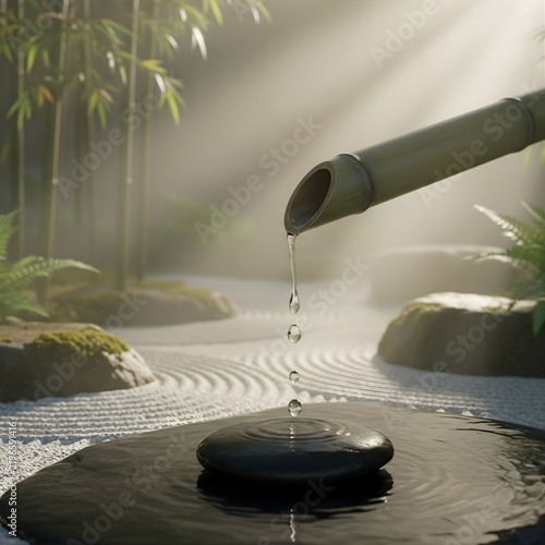Peaceful zen garden bamboo water feature dripping into pond
