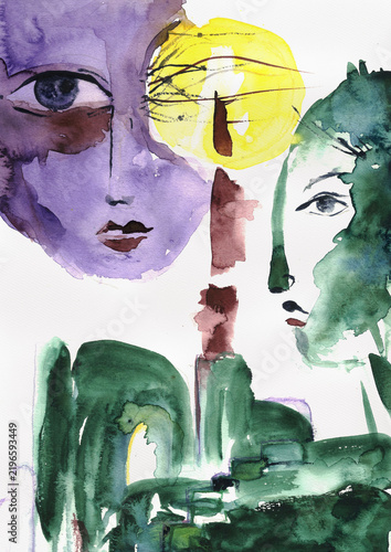 Two Female Faces and Inner Landscape, Hand-Painted Watercolor