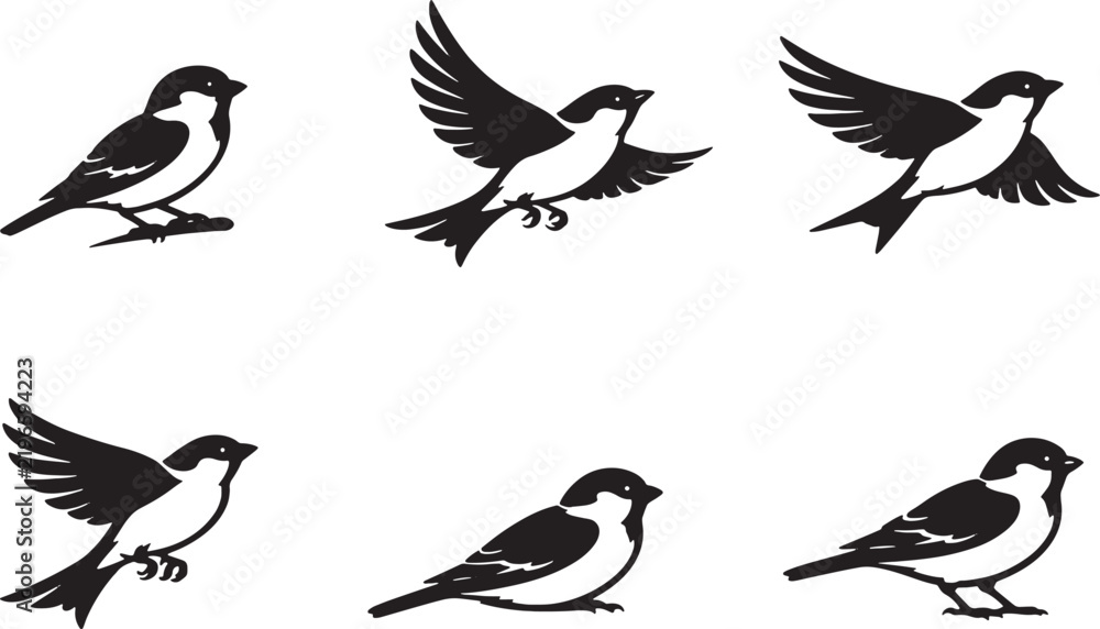 Obraz premium Sparrow Bird Silhouette Set with Perching and Flying Poses