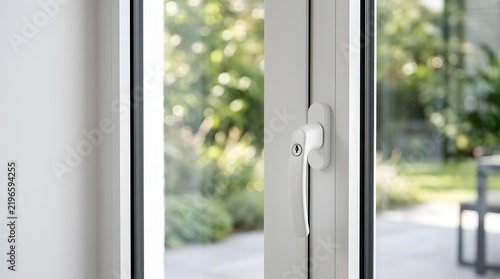 White Modern Window Handle Mounted on a Minimalist Frame with Blurred Garden