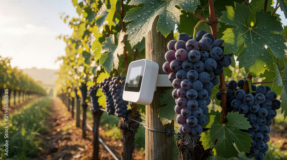 Obraz premium Smart sensor on vineyard post monitors weather for grape growing. Device collects climate data, improves crop yield. Precision agriculture for quality wine production.