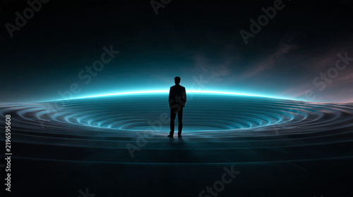 Silhouette of Executive Standing Before Futuristic Glowing Arena