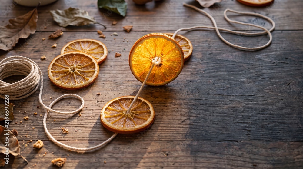 Fototapeta premium Dried Citrus Garland Being Assembled on a Craft Table