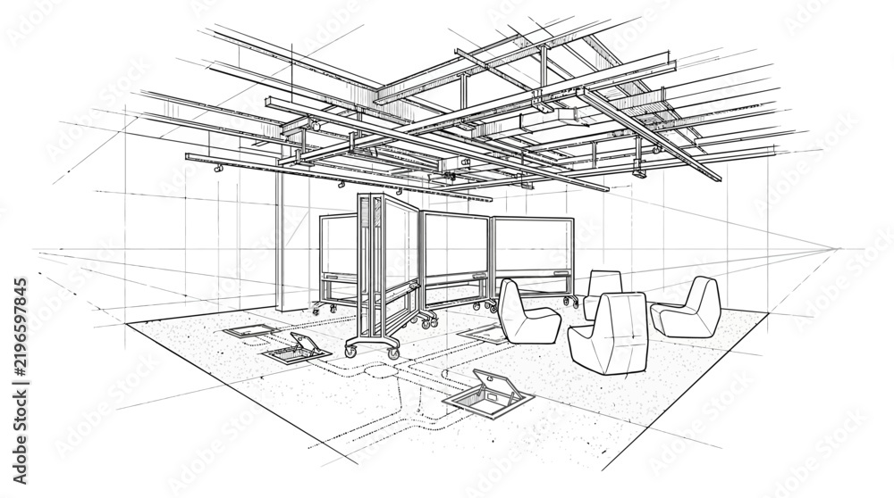 Fototapeta premium Meeting room blueprint depicts a collaborative workspace with curved screens and armchairs.
