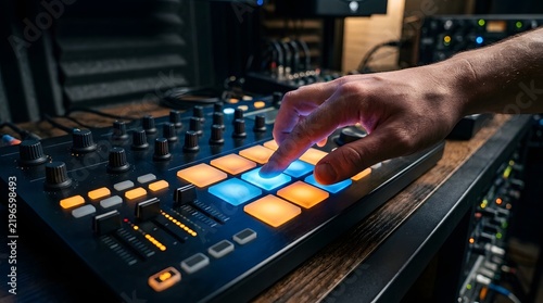 Person using a modern digital audio mixer with glowing buttons in a dim recording studio environment music studio sound controller