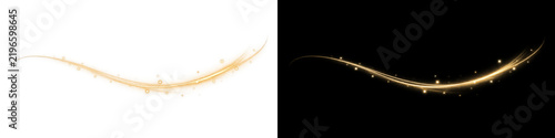 Curved golden light motion streak on transparent background, swooshing yellow dynamic energy trail with luminous glowing edges. Elegant luxury swirl line creates festive magic illumination.