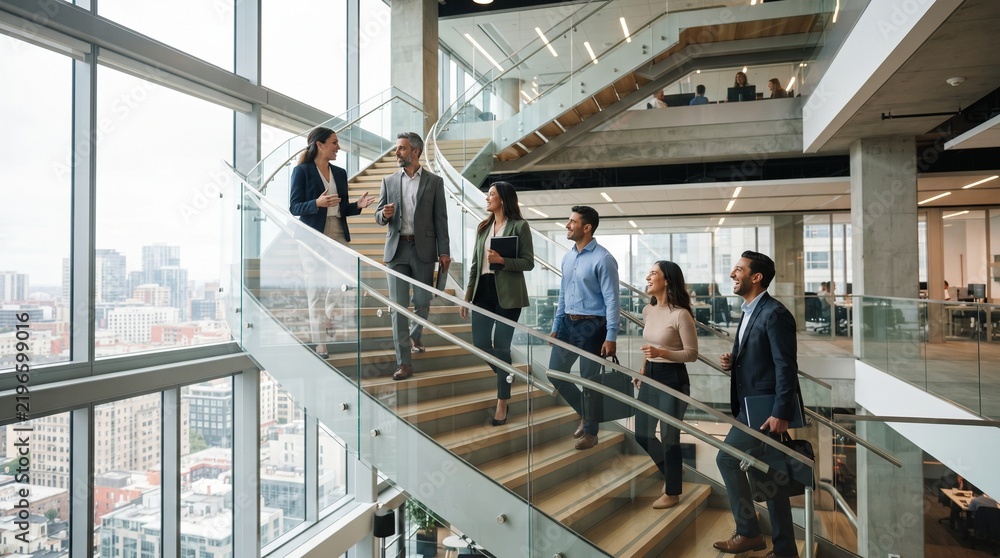 Obraz premium Professional business team walking up modern glass office building staircase