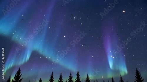 Blue Purple Aurora Borealis Under Starry Night Sky