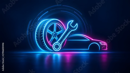 Futuristic neon glowing car silhouette with tire and wrench symbols representing modern auto repair service and automotive diagnostics