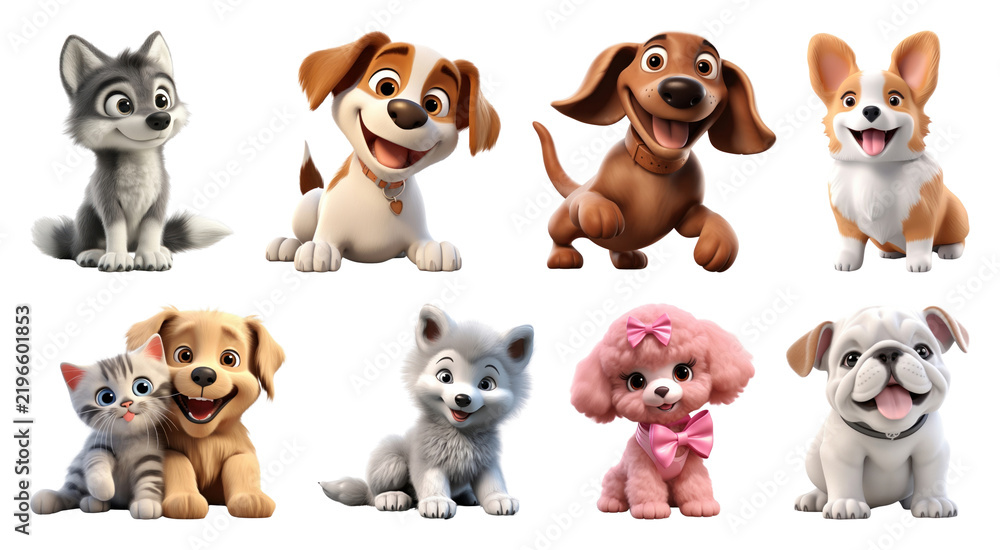 Obraz premium PNG Cute cartoon puppies and pets collection isolated, transparent background