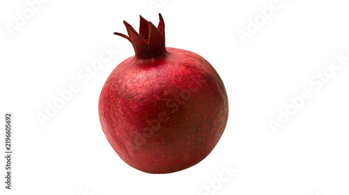 Фотография Isolated fresh whole red pomegranate fruit with crown, healthy natural food item