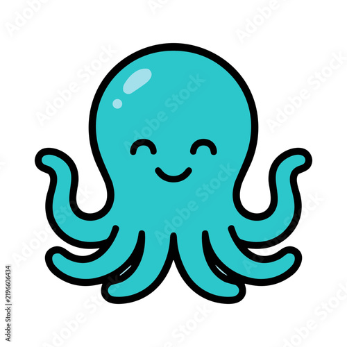 Smiling cartoon teal octopus with friendly eyes and wavy tentacles, isolated on white background