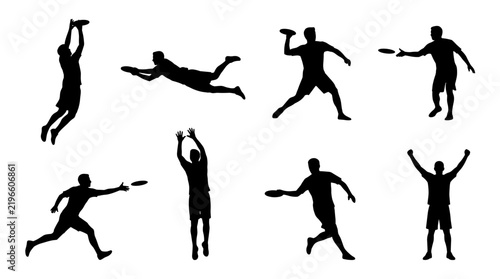 Set of frisbee player silhouettes showing various throwing, jumping, and catching poses, dynamic sports actions, athletic competition, active