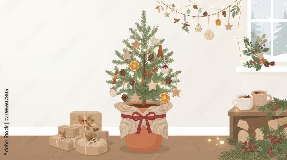 Fototapeta premium A Christmas tree stands in a cozy room with decorations, presents, and warm light, creating a festive atmosphere for the holiday season.