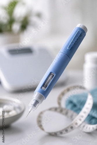 GLP-1 Agonist Injector Pen for Diabetes and Weight Management, Isolated with Measuring Tape.
