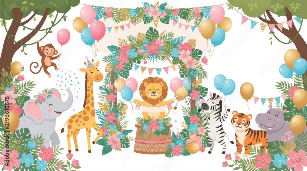 Fototapeta premium A joyful celebration features animals like a lion, giraffe, and elephant with colorful balloons and flowers for a gender reveal event.