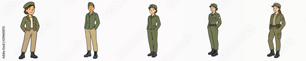 Obraz premium A set of vector illustrations of a female soldier posing while standing, with her hands in her pockets.