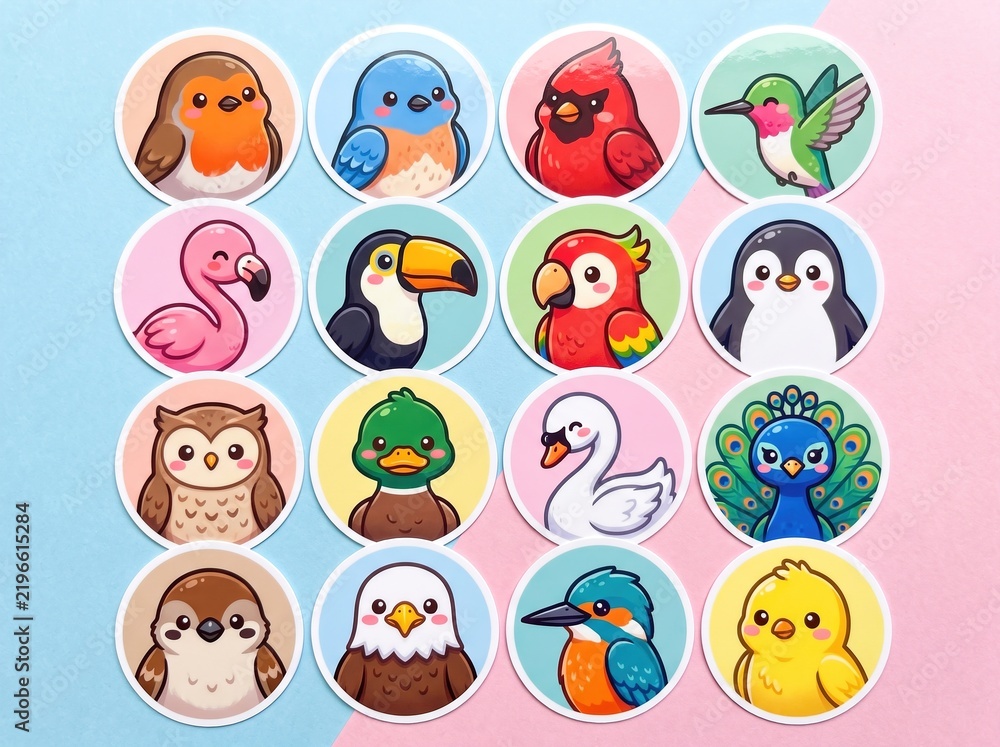 Fototapeta premium Cute Birds Sticker Set Cartoon Icons