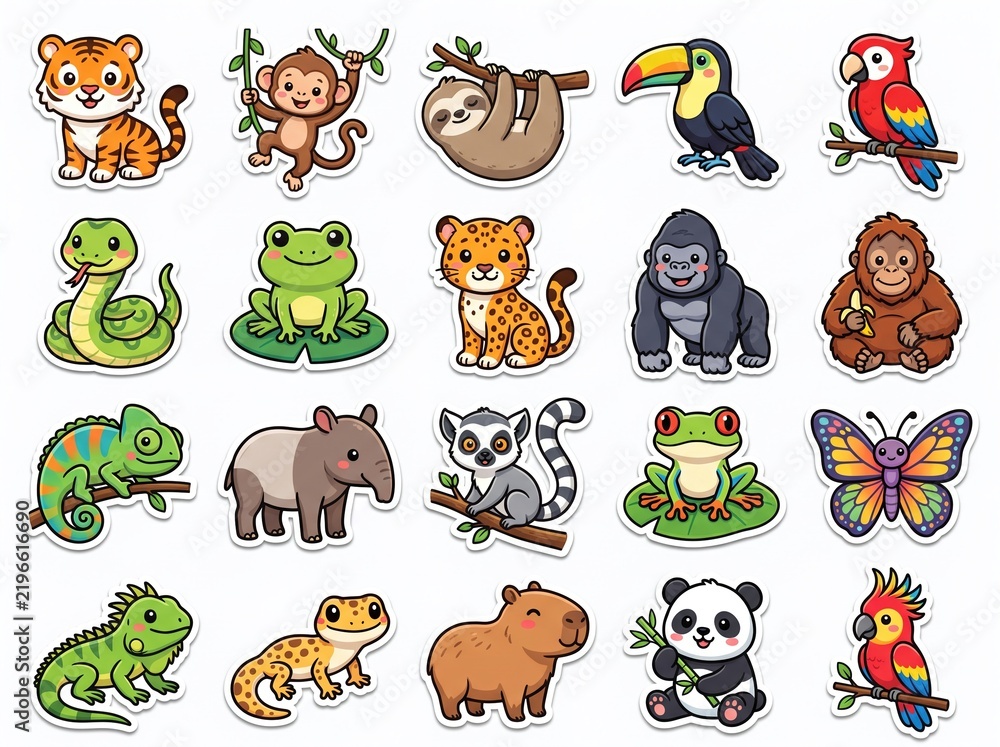Obraz premium Tropical Jungle Animals Sticker Set Cute Icons