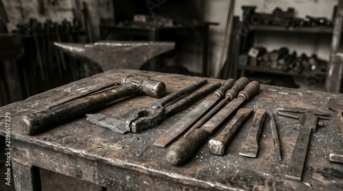 Set of vintage blacksmith tools arranged on worn metal workbench in workshop with hand tools forge tools manual labor old tools