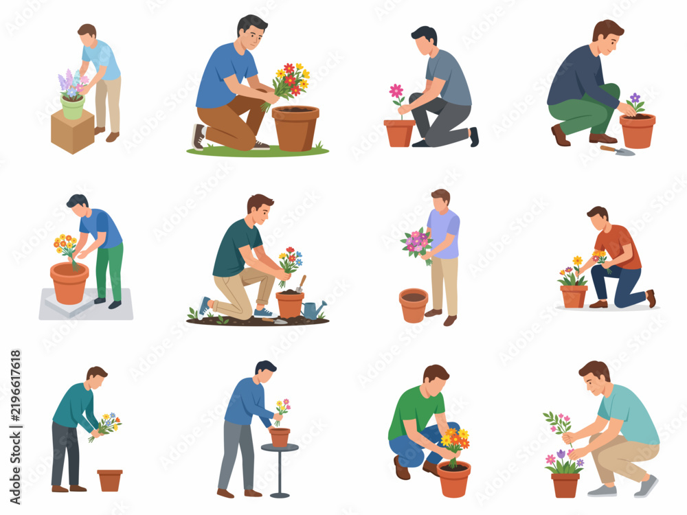 Fototapeta premium Collection of flat vector illustrations of men gardening, planting flowers in terracotta pots, and arranging colorful bouquets.
