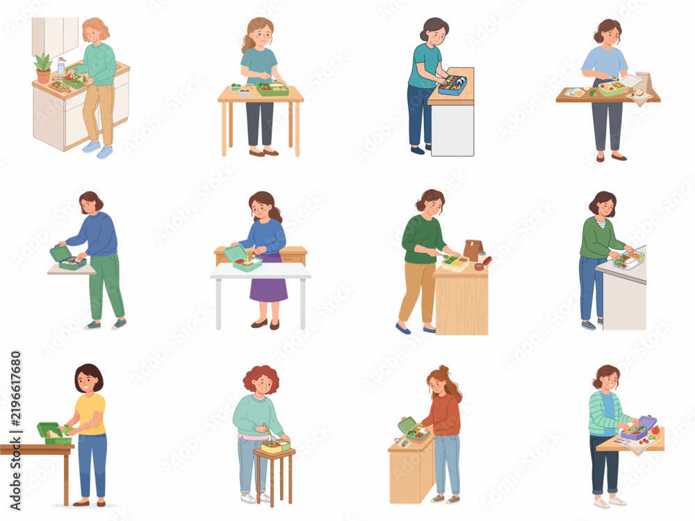 Fototapeta premium Vector Illustration Collection of Women Preparing Healthy Lunch Boxes and Bento Meals for Work or School