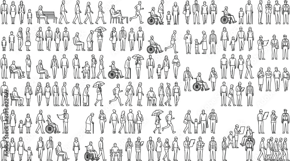 Fototapeta premium Large collection of diverse people silhouettes in various poses and activities, architectural entourage line art