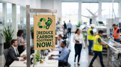 Reduce carbon footprint sign hanging in a busy modern office and manufacturing facility environment