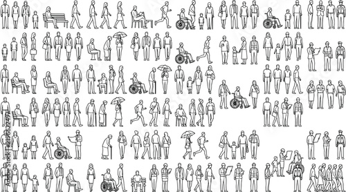 Large collection of diverse people silhouettes in various poses and activities, architectural entourage line art