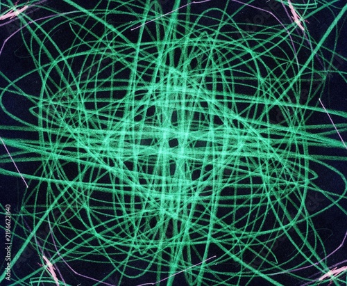 Abstract Neon Green Light Trails Creating Complex Geometric Patterns on a Dark Black Background