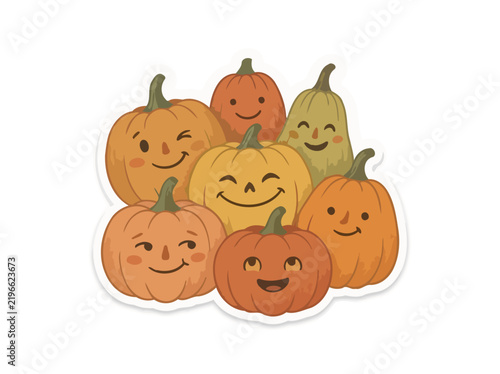Cute cartoon pumpkins with smiling faces for autumn celebration and Halloween design.