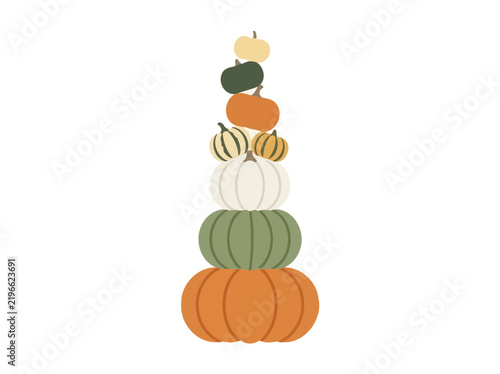 Cute stack of colorful pumpkins and gourds isolated on white background.