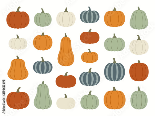 Set of colorful vector pumpkins in flat design isolated on white background.