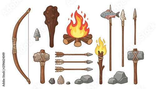 Obraz na plátně Vector stone age elements collection featuring prehistoric weapons campfire torc