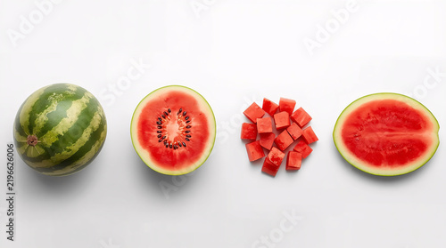 Watermelon fruit stages: whole, half cut, cubes, and slice. Perfect for food, summer, healthy eating, and fruit concept stock images.