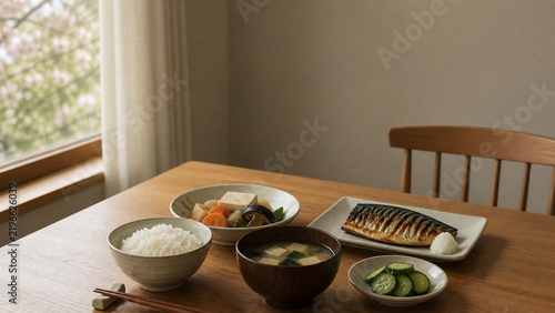 Japanese home meal with rice and miso soup in spring midday
