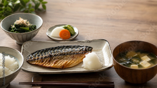 Japanese home meal with rice and miso soup in spring midday