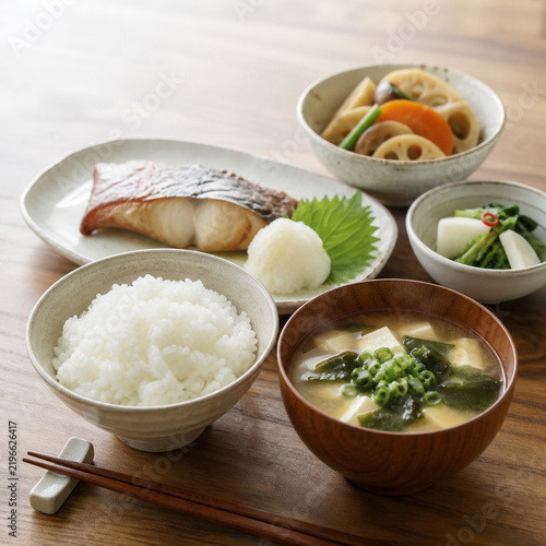Japanese home meal with rice and miso soup in autumn afternoon
