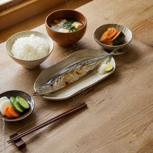 Japanese home meal with rice and miso soup in spring morning
