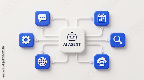 AI agent workflow and automation concept, 3D render of robot icon connected to digital tools and applications.