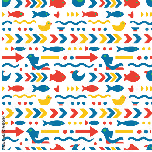 Seamless pattern with stylized fish, birds, and arrows