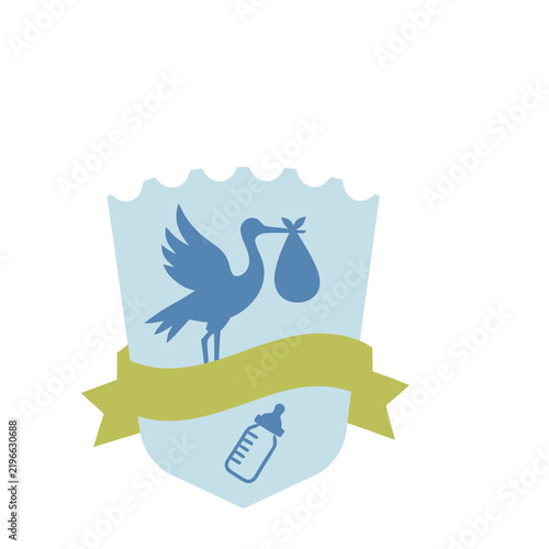 Stork carrying baby bundle and baby bottle icon