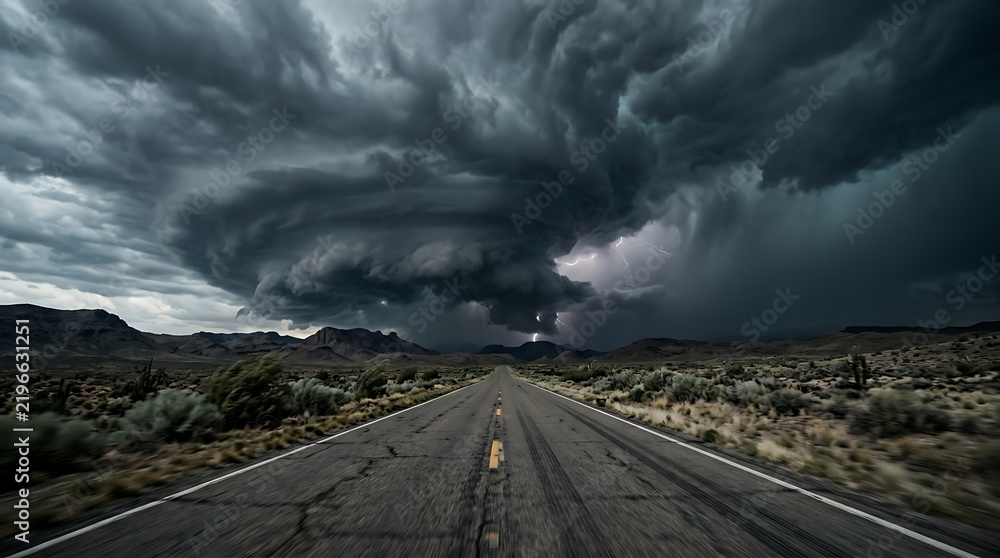 Obraz premium Storm clouds and lightning over desert highway