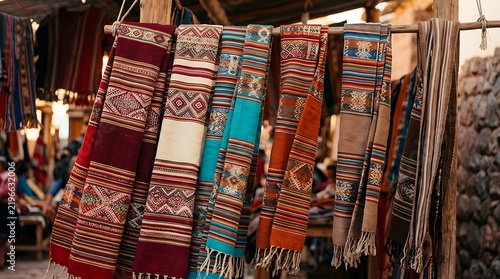 Colorful patterned textiles hanging in outdoor market