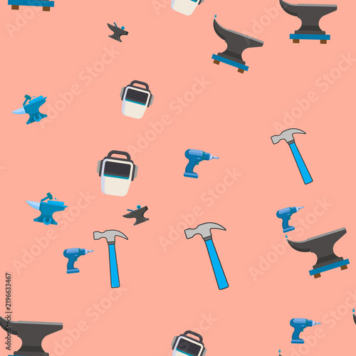 Tools Pattern with Anvils, Hammers, Drills, and Welding Masks